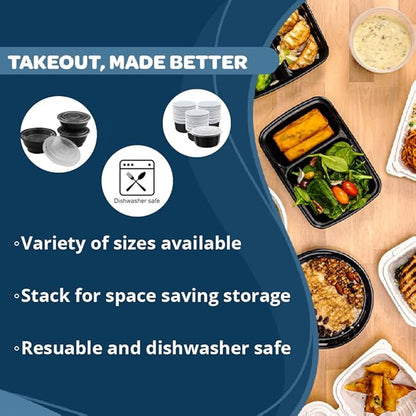 TIYA Food Bowls - Black Plastic To-Go Containers - Reusable, Microwavable, Dishwasher Safe - Leak-Resistant for Soups & Meal Prep (42 oz Bulk 120 Pack with Clear Lids) - BPA-Free