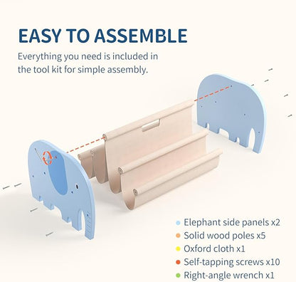 Double Sided Kids Bookshelf – 2 Tier Portable Toddler Bookshelf, Book Shelf for Kids Rooms & Playroom, Cute Elephant Design Wooden Montessori Baby Bookshelf,Toddler Book Display Shelves,Blue