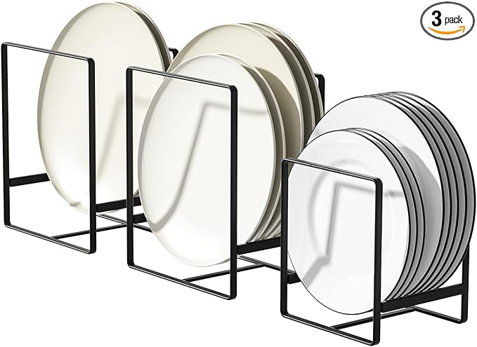 Hikinlichi Metal Drying Rack, 3 Pack Inside Cabinet Plate Holders Organizers, Upright Dish Racks for Countertop and Cupboard, Large Capacity, Black (20x16x11.5 cm Each)