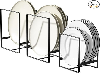 Hikinlichi Metal Drying Rack, 3 Pack Inside Cabinet Plate Holders Organizers, Upright Dish Racks for Countertop and Cupboard, Large Capacity, Black (20x16x11.5 cm Each)