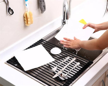 Pezixueran Roll Up Dish Drying Rack Over The Sink.Foldable Kitchen Drainer,Fully Silicone Cover Stainless Steel Bar,Heat-Resistant, Anti-Slip Sink Rack for Kitchen Counter Black,20.5 x 13 Inch