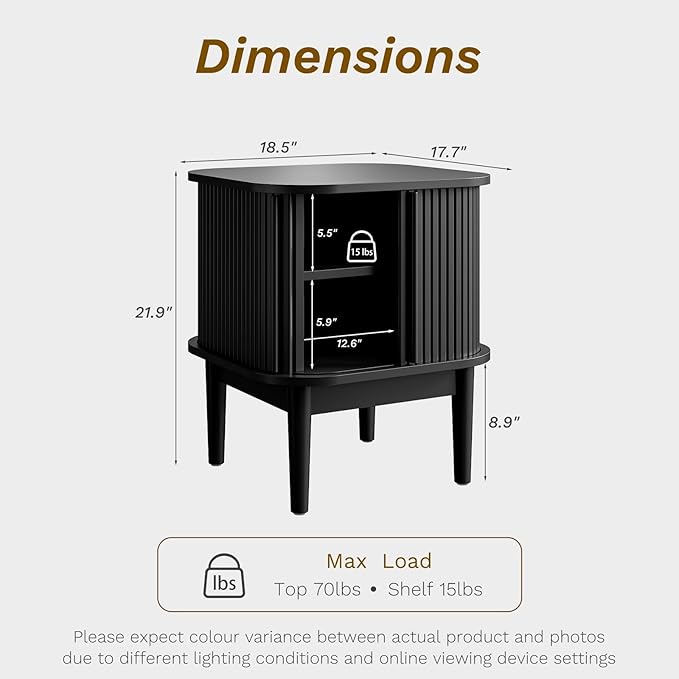 Fluted Nightstand with Sliding Doors, Modern Bedside Table with Solid Wood Legs, Wood Night Stand for Bedroom, Black