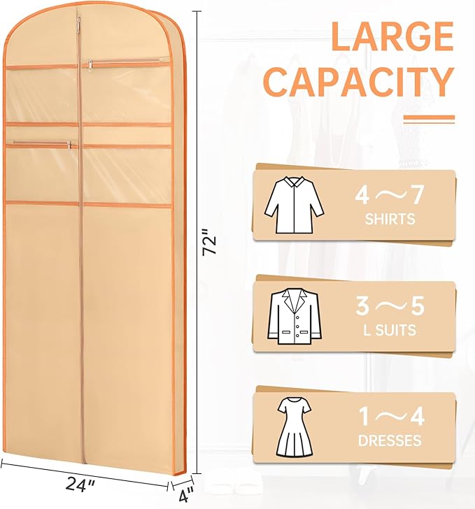 72" Garment Bag for Travel for Hanging Clothes Storage Hanging Suit Cover with Zipper and Accessory Storage for Coats, Dresses, Suits