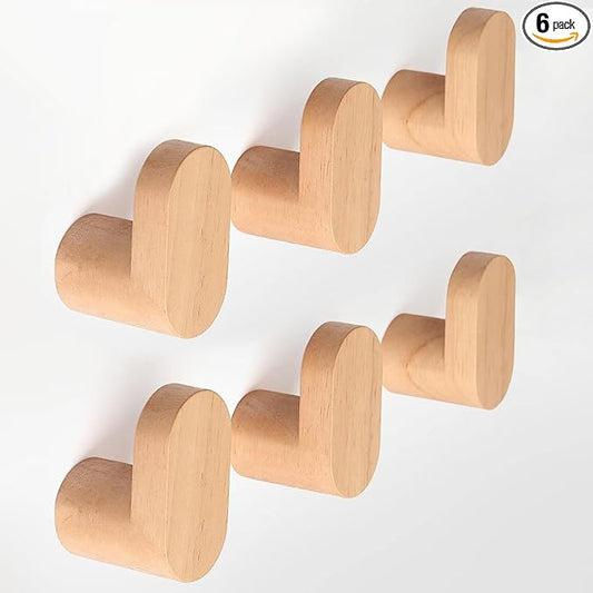 Wood Wall Hooks, 6 Pack Modern Minimalist Wood Hooks Wall Mounted, Natural Wooden Wall Coat Hook Rack, Wooden pegs for Hanging Hat, Towel, Robe, Bag