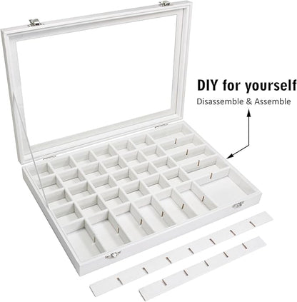 Jewelry Tray Organizer Box 48 Grid Jewelry Display Organizer Box with Transparent Lid Rings Earrings Necklaces Pendants Display Box Suitable for Women and Girls (48 Grid, White)