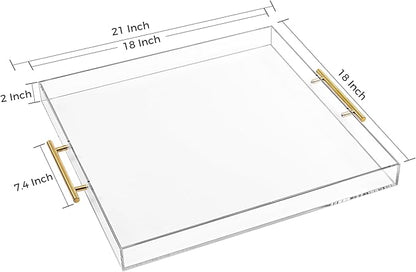 Extra Large Clear Acrylic Serving Tray (18×18 Inches) with Gold Handles Spill Proof Acrylic Over Size Big Decorative Tray Organiser for Ottoman Coffee Table Countertop