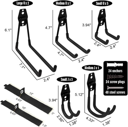 Garage Hooks Heavy Duty 14 Pack, Steel Garage Storage Hooks, Tool Hangers for Garage Wall Utility Wall Mount Garage Hooks and Hangers with Anti-slip Coating for Garden Tools, Ladders, Bulky Items
