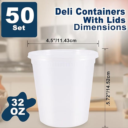 PIEMEET 50 Pack Deli Containers with Lids, 32oz Plastic Food Storage Containers, Leakproof Soup Container with Airtight Lids, BPA-Free, Stackable Takeout Container for Soup, Microwave Freezer Safe