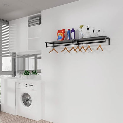 Wall Mounted Clothes Rack with Top Shelf, 46.5'' Industrial Clothing Rack Heavy Duty, Metal Shelf with Hanging Rod, Garment Rack Laundry Room Shelves, Space Saving