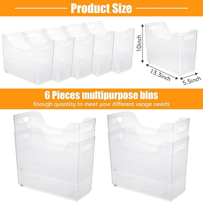 Qunclay 6 Plastic Freezer Organizer Bins with Wheel Set Clear Tall Narrow Kitchen Pantry Organizer Snack Storage Containers for Office Refrigerator(10 x 13.3 x 5.5 Inches)