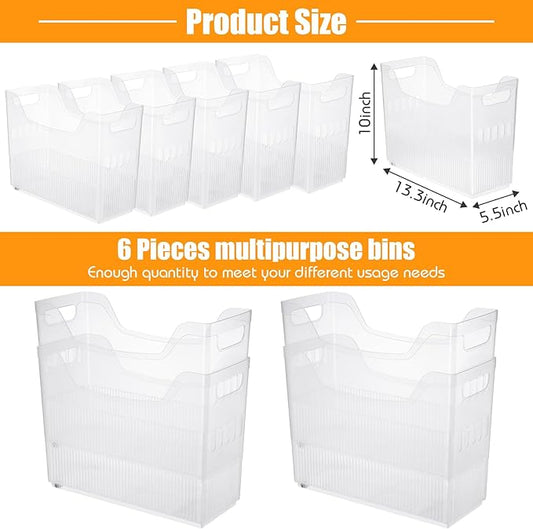 Qunclay 6 Plastic Freezer Organizer Bins with Wheel Set Clear Tall Narrow Kitchen Pantry Organizer Snack Storage Containers for Office Refrigerator(10 x 13.3 x 5.5 Inches)