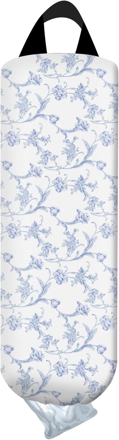 Plastic Bag Holder, Wall Mount Grocery Bag Organizer, Funny Hanging Trash Storage Dispenser for Home Kitchen Cute Blue Floral