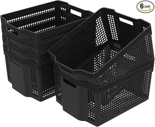 6-Pack Large Plastic Deep Stacking Baskets, Black Storage Baskets, Multi-Purpose, Ideal for Closets, Cabinets, Shelves, Countertops