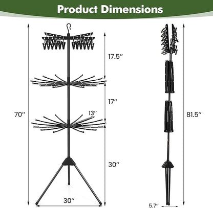 Tangkula 3-Tier Portable and Foldable Drying Rack, 70"H Freestanding Towel Rack with 32 Rods, 24 Clips, Detachable Top Hanger, 360° Rotatable Tripod Laundry Stand for Indoor, Poolside, RV Trip (Black)