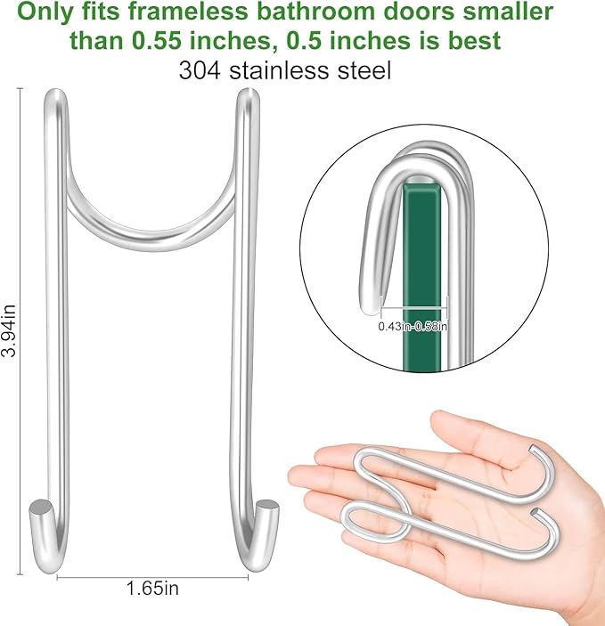 Shower Door Hooks, 2 Pack Dual-Hook Organizer with Non-Slip Rubber Coating for Towels and Clothes, Space-Saving Bathroom Storage Solution