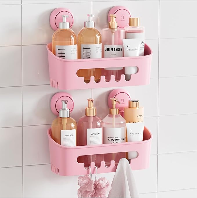 TAILI Shower Caddy Suction Cup 2 Pack, Heavy Duty Bathroom Organizer, Removable Shelves for Inside Shower, Shampoo, Waterproof Suction Plastic Storage for Bathroom Accessories Holder, Pink