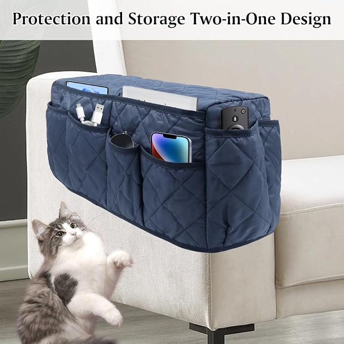 HADEEONG Remote Control Holder, Non Slip Bedside Armchair Caddy, Recliner Arm Caddy Armrest Organizer with 14 Pockets for Cell Phone TV Remote Control Magazines, Dark Blue
