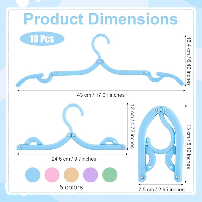10 Pcs Travel Hangers,Portable Folding Clothes Hangers,Non-Slip Folding Hanger,Foldable Hanger Lightweight Travel Accessories,Foldable Clothes Drying Rack for Traveling Camping(5 Colors)
