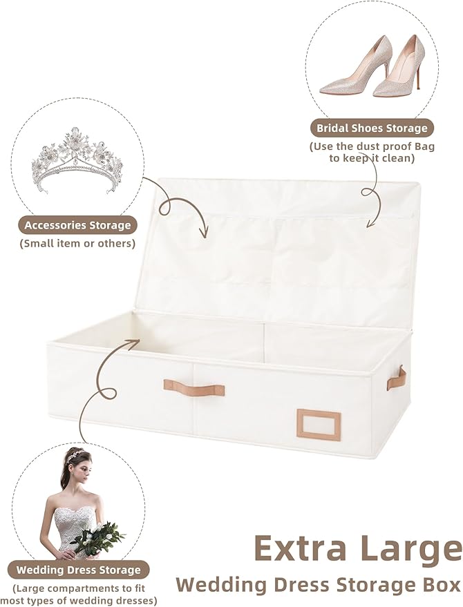 Coorganisers Wedding Dress Storage Box, Large Wedding Dress Preservation Box with 5 Cedar Wood Blocks, 30 Sheets of Acid-Free Tissue Paper, Microfiber Gloves, and Dust-Proof Bag-Beige Color