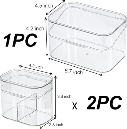 Clear Bathroom Organizer, 2-Size Essentials Set for Hail Accessories & Beauty Supplies,Cotton Swabs,Balls,Pads - Small Clear Plastic Canister Apothecary Jar Set, Vanity Makeup Storage Organizer (L+2S)