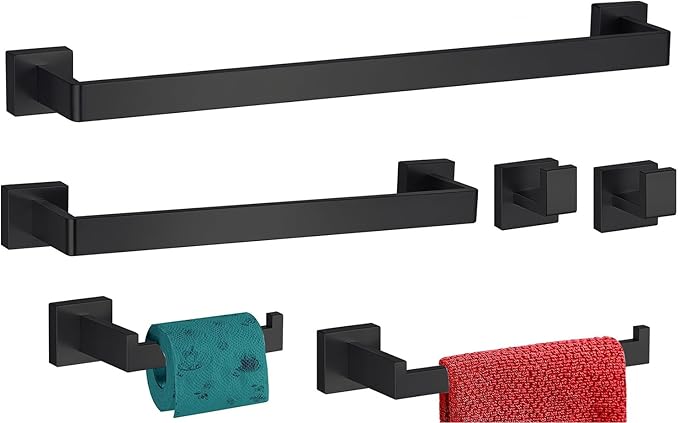 6 Pieces Bathroom Accessories Towel Bar SUS304 Stainless Steel Matte Black Towel Holder Wall Mounted Heavy Duty Towel Rack Bathroom Towel Rod Modern Square Base Design(6, Matte Black, 24 Inch)