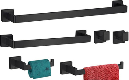 6 Pieces Bathroom Accessories Towel Bar SUS304 Stainless Steel Matte Black Towel Holder Wall Mounted Heavy Duty Towel Rack Bathroom Towel Rod Modern Square Base Design(6, Matte Black, 24 Inch)