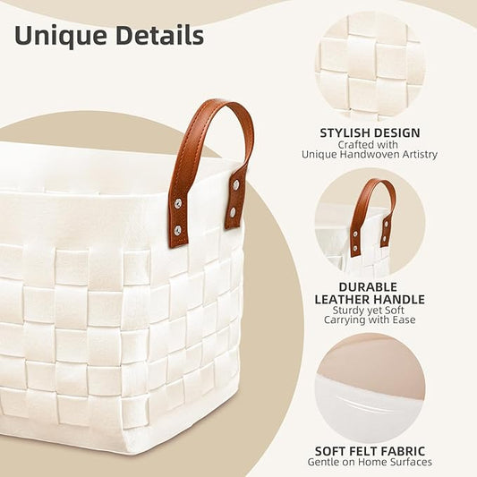 BOLDMONEKY Blankets Basket 16.5 " x13 " x13 " , Large Rectangular Laundry Hamper with Leather Handle, Soft Dog Toy Basket for Storage-Beige