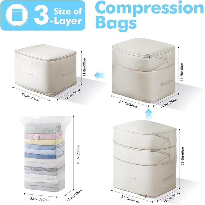 Comforter Storage Bag-Ultra Space Saving Large Self Compression Organizer for Comforters and Blanket,3-Layer Zipper Self-Compressing Organizer for Storage Bedding. (Beige, 3 Pack)