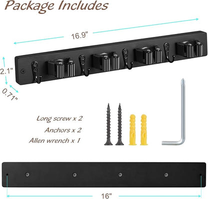Black Mop Broom Holder Wall Mount with 4 Slots & 4 Hooks - Rustic Wood Broom Mop Hanger for Pantry Closet Laundry Room Organization - Heavy Duty Garden Tool Organizer - Black Kitchen Decor