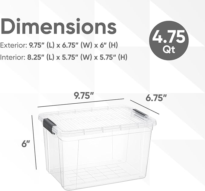 Superio Storage Bins with Lids- 8 Pack, 4.75 Qt Clear Boxes for Organizing, Stackable Plastic Containers- BPA Free, Non-Toxic, Odor Free, Organizer for Home, Office, Dorm