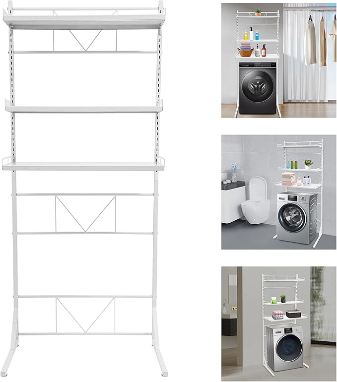 Eapmic Over The Washer and Dryer Storage Shelves, Laundry Room Standing Shelf, 3 Tier Expandable Washer and Dryer Rack with Adjustable Height, Over Toilet Washing Machine Width Within 25.2" (White)