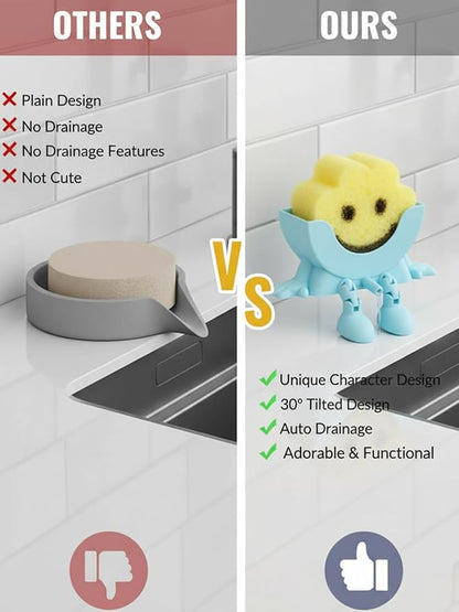 3D Printed Sponge Holder for Scrub Daddy Cute Smiley Sponge Holder with Drainage Funny Sponges Stand for Kitchen Sink Accessories Organizer Storage Utility Declutter Gadgets (Black)