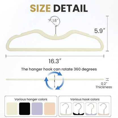 ZBODIMP Velvet Short Neck Hangers - Heavy-Duty, Non-Slip Felt Surface, Space-Saving Design with Anti-Slip Grooves & Shoulder Shape, 360° Rotating Hooks, Durable for Coats, Shirt& Dresses (30, Beige C)