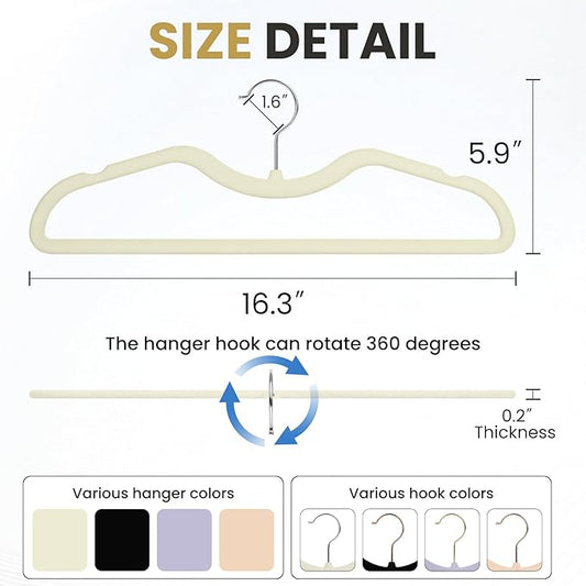 ZBODIMP Velvet Short Neck Hangers - Heavy-Duty, Non-Slip Felt Surface, Space-Saving Design with Anti-Slip Grooves & Shoulder Shape, 360° Rotating Hooks, Durable for Coats, Shirt& Dresses (30, Beige C)