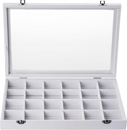 Frebeauty Velvet Jewelry Tray,24 Grid Jewelry Organizer with Clear Lid,Earring Holder Organizer with Clasp,Drawer Insert Rings Pendants Brooches,13.8 x 9.5 x 2 Inches,Gift for Women Girls(White)