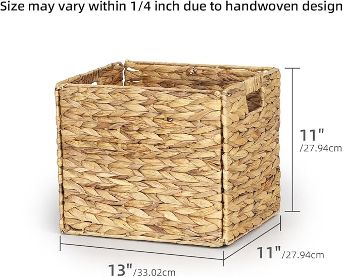 4 Pack 13 x 11in Rectangular Wicker Storage Bins, Water Hyacinth Baskets, Foldable Wicker Baskets, Storage Basket with Built-in Handles, Handwoven Natural Basket for Shelves, Outdoor