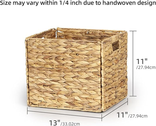 4 Pack 13 x 11in Rectangular Wicker Storage Bins, Water Hyacinth Baskets, Foldable Wicker Baskets, Storage Basket with Built-in Handles, Handwoven Natural Basket for Shelves, Outdoor