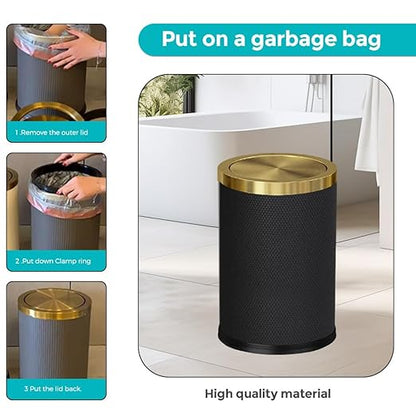 2.4 Gallon Bathroom Trash Can with Lid, Pu Leather Modern Garbage Can, Round Decorative Waste Basket, for Near Desk, Powder, Bedroom, Hotel, Office, Home (9L-Checked Black)