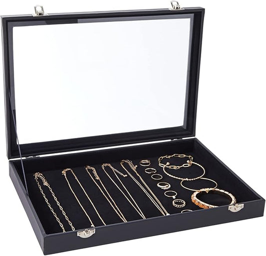 Juvale Black Velvet Jewelry Display Case Tray - 13.75 x 9.5 x 2 In - Glass Top Jewelry Box & Organizer