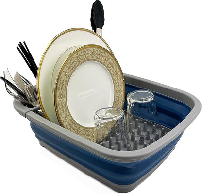SAMMART 8 litres (2.11Gallons) Collapsible Plastic Dish Drainer - Foldable Drying Rack - Portable Dinnerware Organizer - Space Saving Kitchen Storage Tray (Grey/Mist Blue (Set of 2))