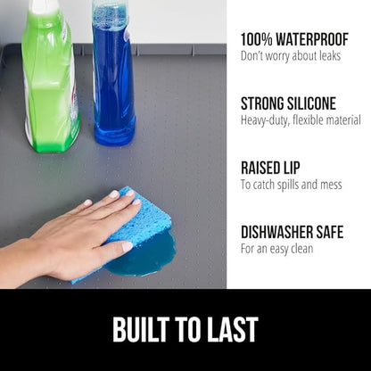 GORILLA GRIP Waterproof Silicone Under Sink Mat with Raised Lip for Kitchen and Bathroom, 34 x 22 in, Cabinet Shelf Liner Stay in Place Mats Dishwasher Safe Drawer Liner, Organizer Tray, Gray