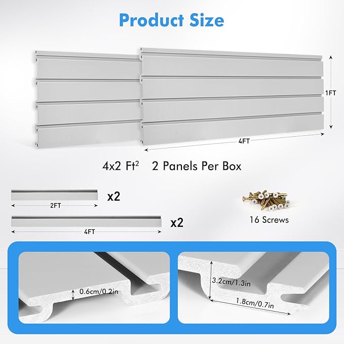 [4x2 Ft²] PVC Slat Wall Paneling, Adjustable Slatwall Panels with Coupling Structure, Slatted Wall Panel System with Customizable Storage Options, DIY Cutting & Easy-to-Install Slatwall Board Shelves