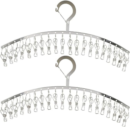 PRETYZOOM 2 Pack Laundry Drying Rack with 20 Clips, Stainless Steel Clothes Hanger, Windproof Drying Rack for Socks, Underwear, Scarves, Diapers