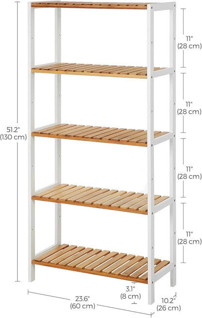 SONGMICS Bamboo Storage Shelf, 5-Tier Shelving Unit, Multifunctional, in The Entryway, Bathroom, Living Room, Balcony, Kitchen, 10.2 x 23.6 x 51.2 Inches, Cloud White and Light Bamboo UBCB35WN