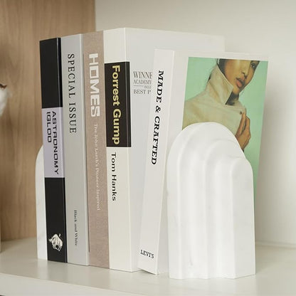 Natural Marble Book Ends - Heavy Duty Bookends for Shelves - Aesthetic Layered Arch Design Stone Book Holders, Decorative Modern Office Bookshelf Stopper Decor for Books/CDs, White