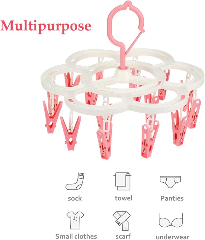 Clothespin Rack Laundry Drying Rack,Clothes Hangers with 16 Clips,Clip Hanger Drip Hanger for Drying Underwear,Baby Clothes,Socks,Bras,Towel,Pants,Hat,Scarf,Cloth Diapers,Gloves (Pink)