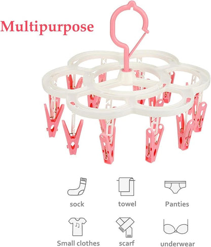 Clothespin Rack Laundry Drying Rack,Clothes Hangers with 16 Clips,Clip Hanger Drip Hanger for Drying Underwear,Baby Clothes,Socks,Bras,Towel,Pants,Hat,Scarf,Cloth Diapers,Gloves (Pink)