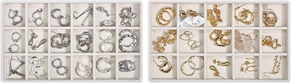 Teppdfann Stackable Jewelry Organizer Trays with Removable Dividers, 2-Tray Beige Jewelry Drawer Organizer Set for Earrings, Necklaces, Rings & Bracelets Gift for Her