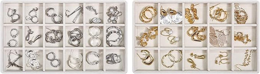Teppdfann Stackable Jewelry Organizer Trays with Removable Dividers, 2-Tray Beige Jewelry Drawer Organizer Set for Earrings, Necklaces, Rings & Bracelets Gift for Her