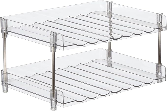 mDesign Free-Standing Stackable 2-Tier Bottle Holder, 8 Small Bottles or 6 Large Bottles of Water, Wine - Drink Organizer Shelf for Kitchen Countertop, Cabinet, Pantry, Fridge, Freezer, Clear/Polished